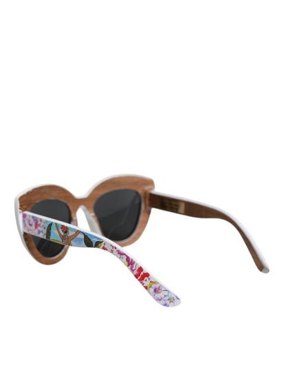 Dolce &amp; Gabbana Sonnenbrille mit mehrfarbigem Holz- und Kristallrahmen aus Messing und handbemaltem Blumenmuster