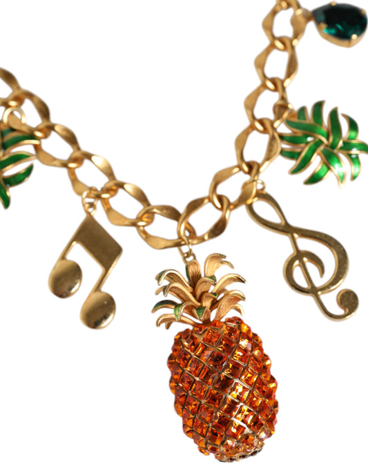 Dolce &amp; Gabbana – Goldfarbene Messingkette mit Ananas-Kristall und Musik-Anhänger