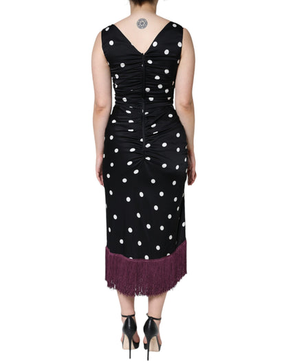 Dolce &amp; Gabbana – Schwarzes Midikleid aus Seide mit V-Ausschnitt und Quasten und Polka Dots