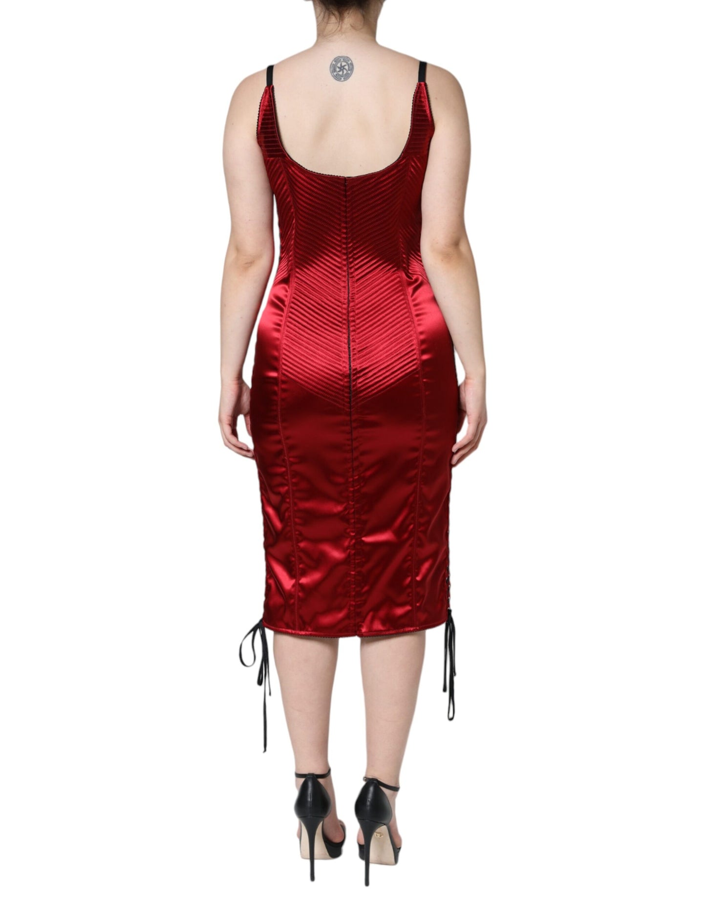 Dolce &amp; Gabbana – Rotes, figurbetontes Midikleid aus Spitze mit Bustier-Korsett