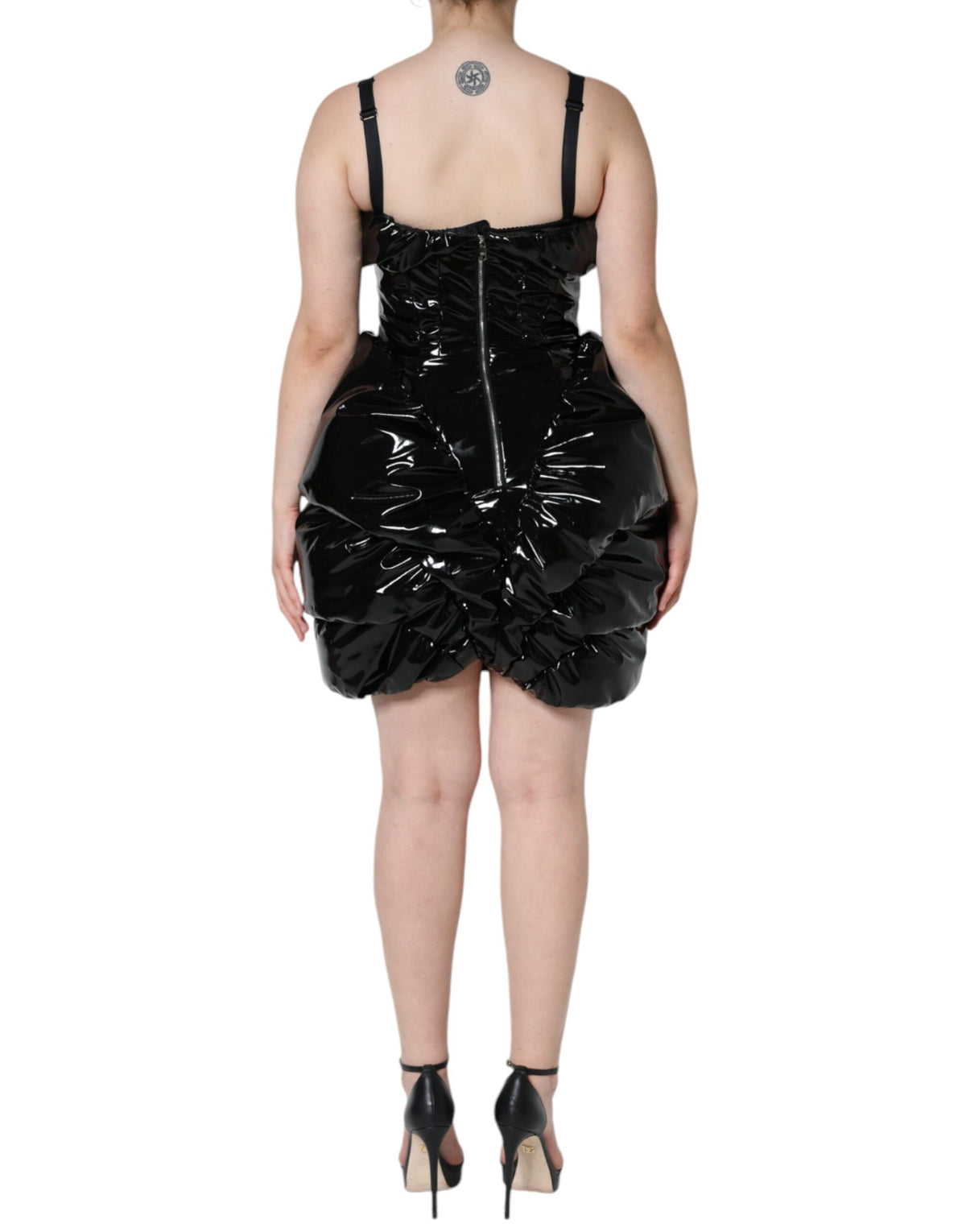 Dolce &amp; Gabbana – Schwarzes, gerüschtes, beschichtetes Minikleid aus Polyester