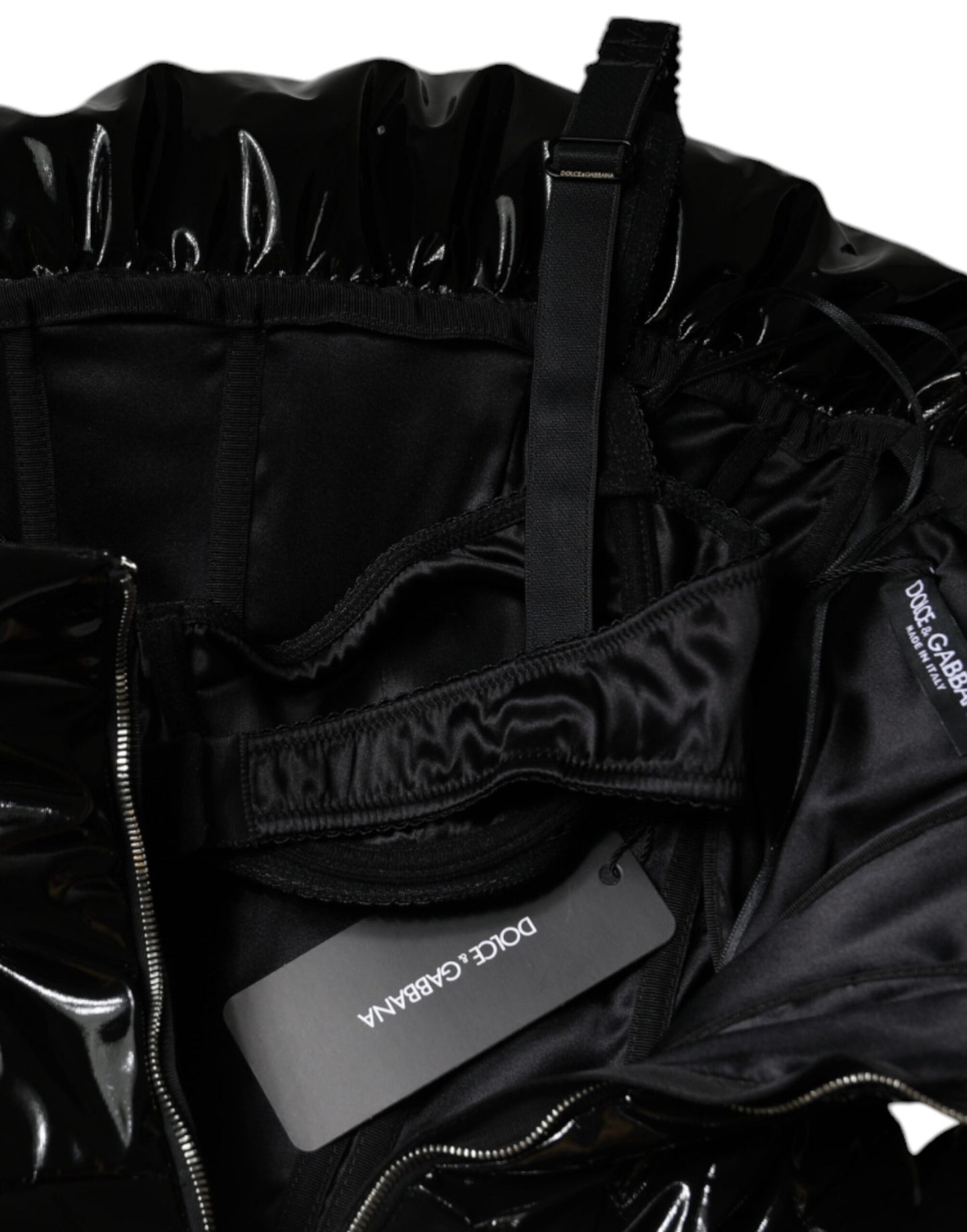 Dolce &amp; Gabbana – Schwarzes, gerüschtes, beschichtetes Minikleid aus Polyester
