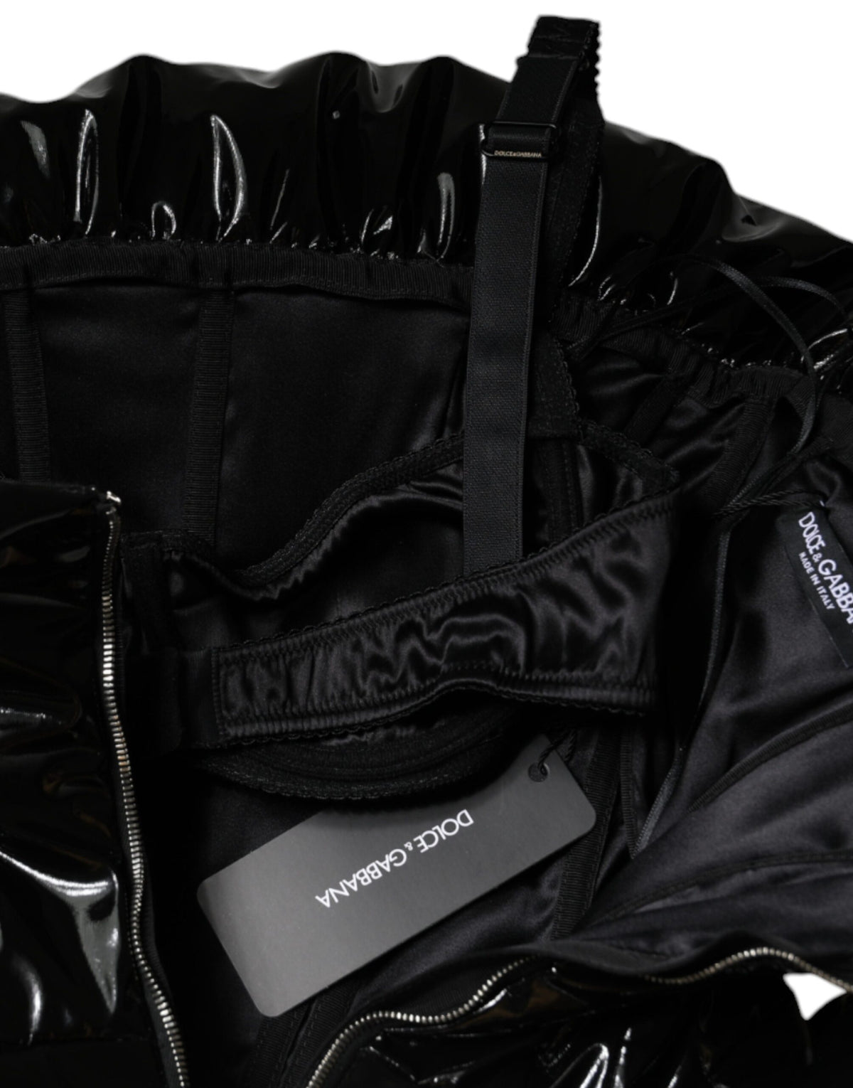 Dolce &amp; Gabbana – Schwarzes, gerüschtes, beschichtetes Minikleid aus Polyester