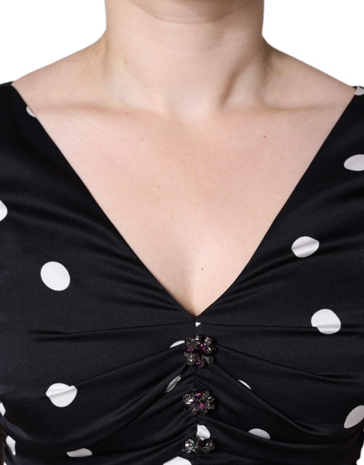 Dolce &amp; Gabbana – Schwarzes Midikleid aus Seide mit V-Ausschnitt und Quasten und Polka Dots