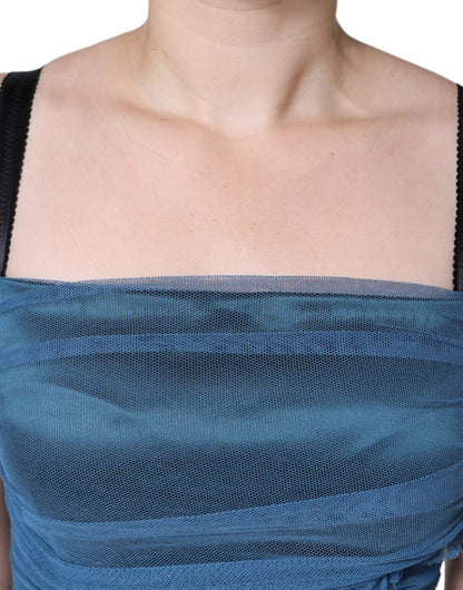 Dolce &amp; Gabbana – Etuikleid aus gerüschtem Tüll mit blauem Netzbesatz