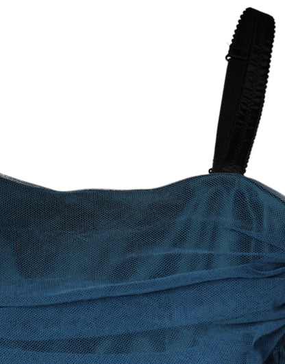 Dolce &amp; Gabbana – Etuikleid aus gerüschtem Tüll mit blauem Netzbesatz