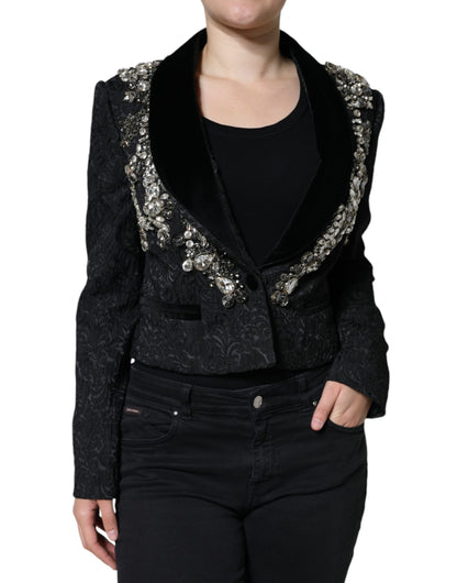 Dolce &amp; Gabbana – Schwarzer Jacquard-Blazer mit Kristallblumenmuster