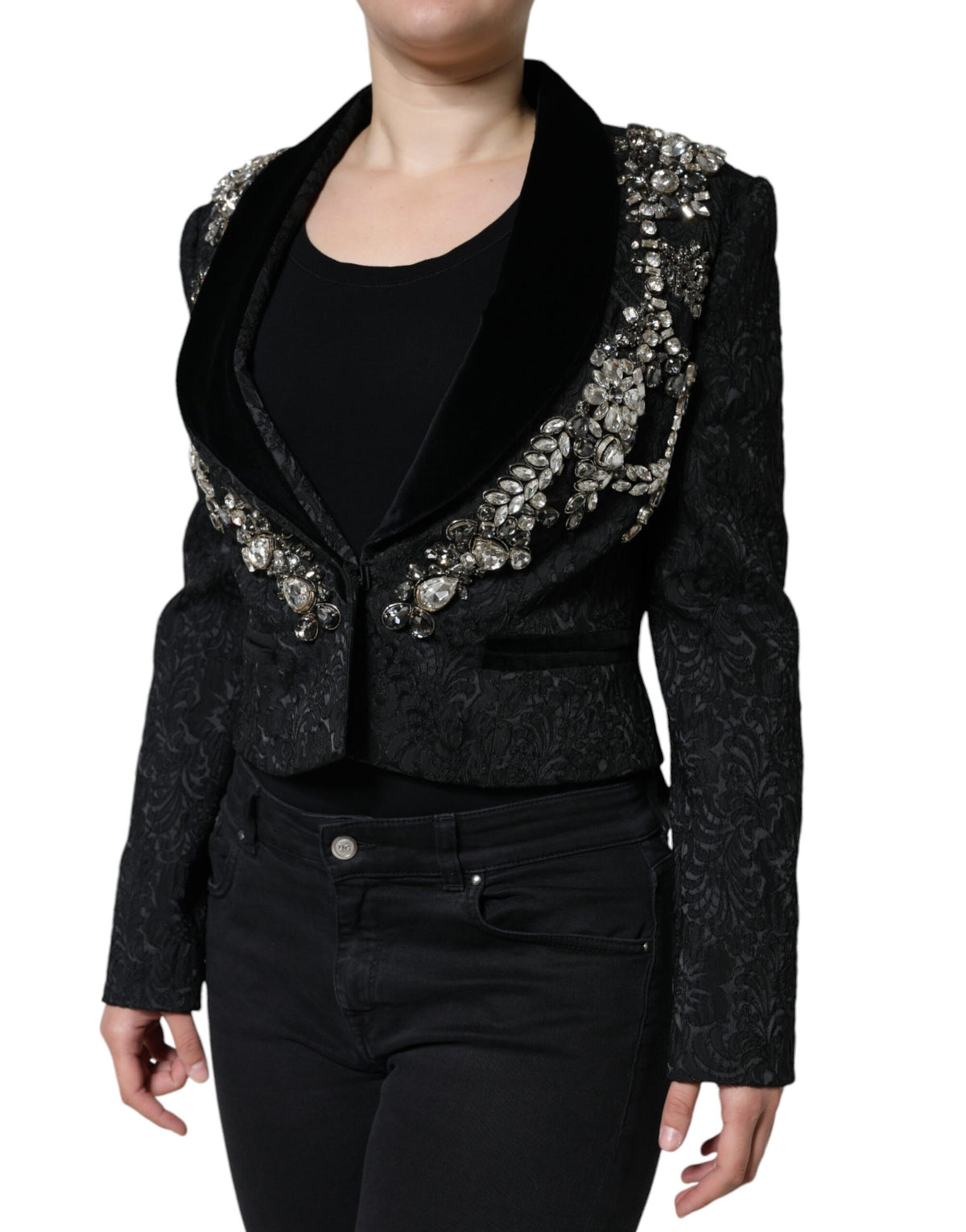Dolce &amp; Gabbana – Schwarzer Jacquard-Blazer mit Kristallblumenmuster