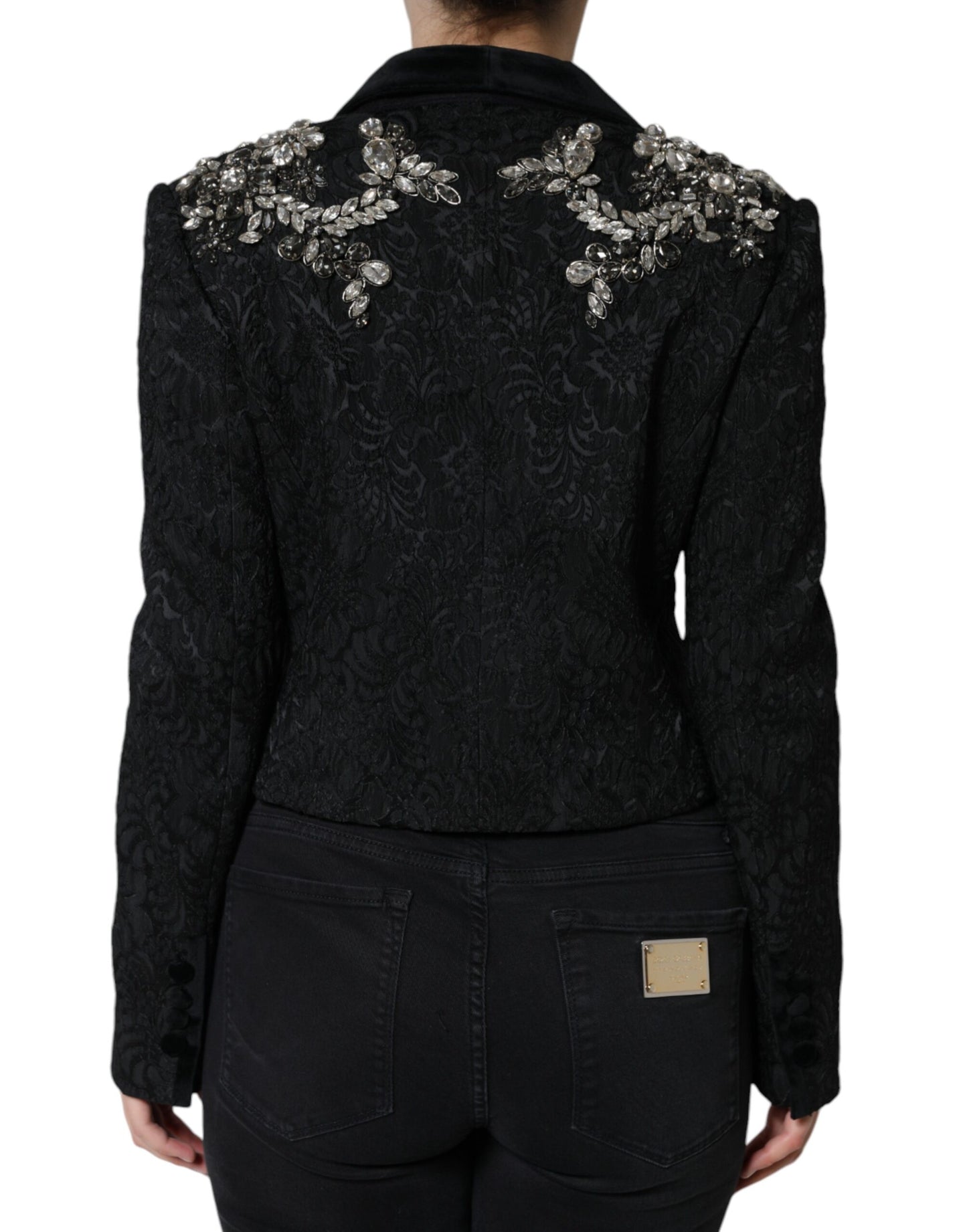 Dolce &amp; Gabbana – Schwarzer Jacquard-Blazer mit Kristallblumenmuster