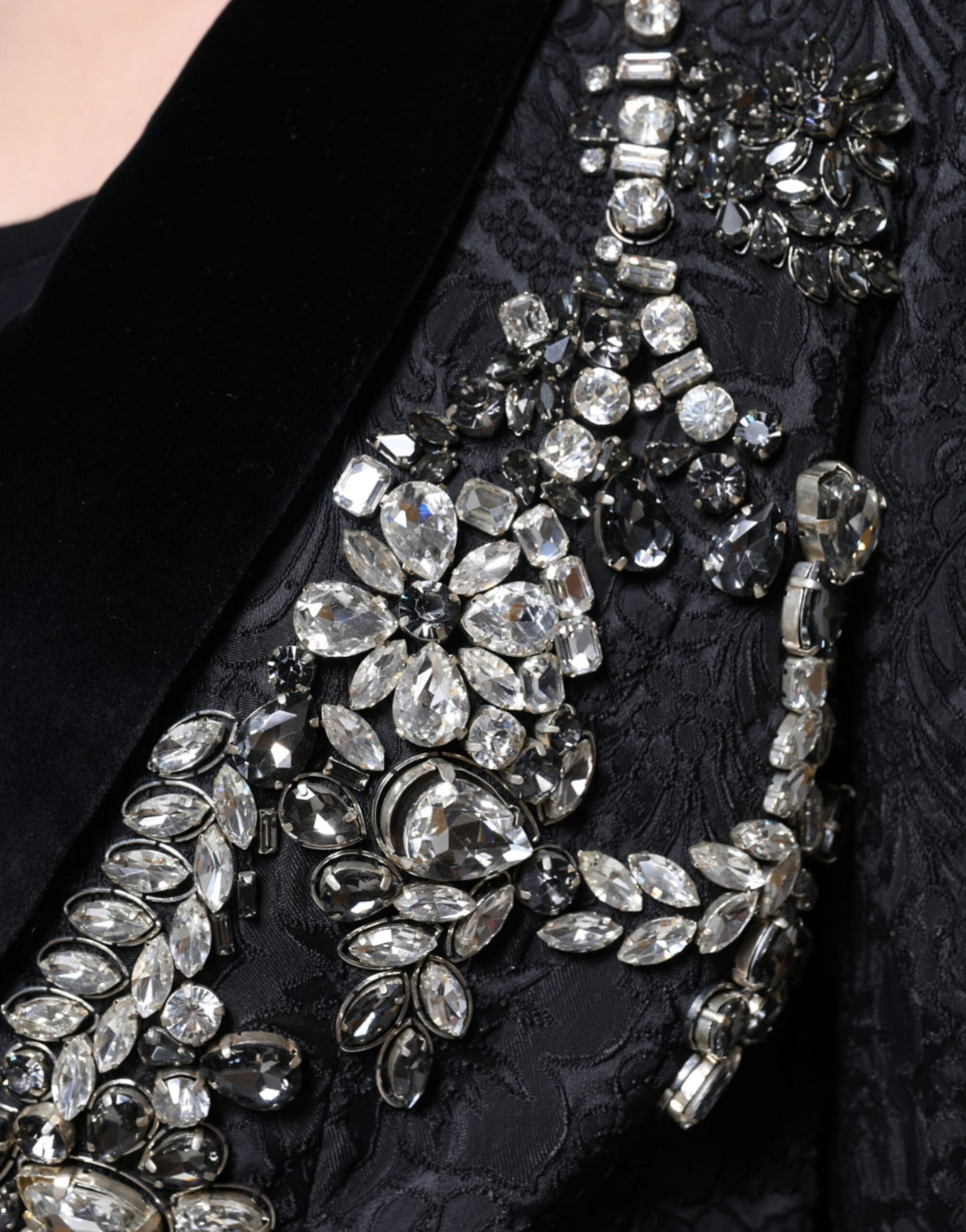 Dolce &amp; Gabbana – Schwarzer Jacquard-Blazer mit Kristallblumenmuster