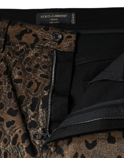 Dolce &amp; Gabbana – Enge Jeans aus Baumwolle mit Leopardenmuster in Braun