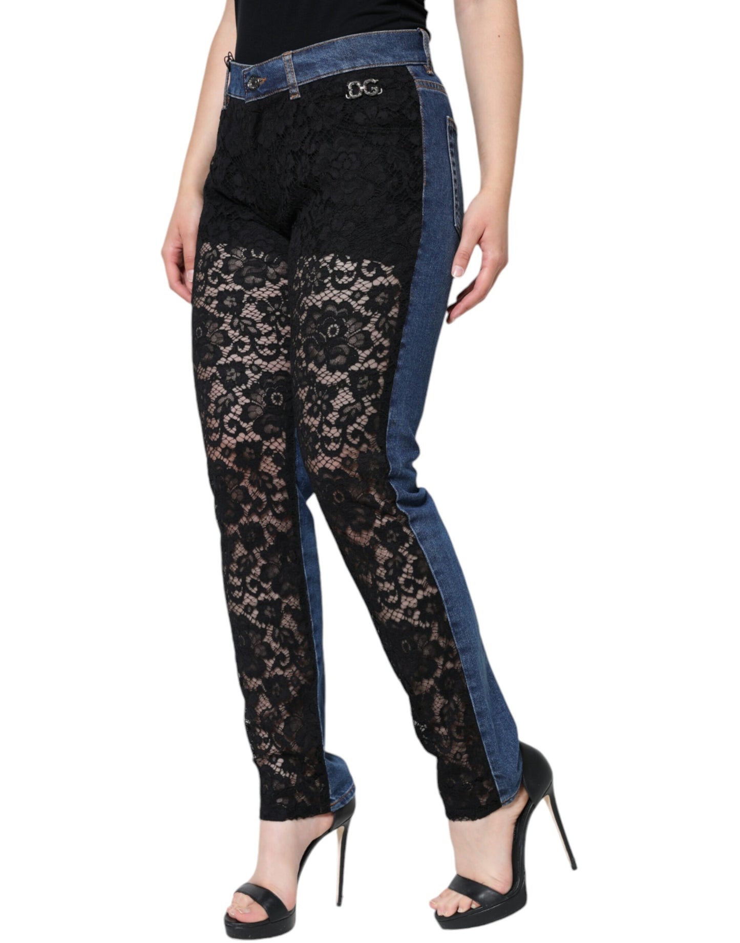 Dolce &amp; Gabbana – Schwarze Skinny-Jeans mit Blumenmuster und Spitzenfront