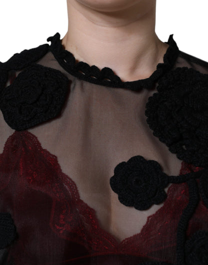Dolce &amp; Gabbana Schwarze transparente Bluse aus Nylonnetz mit Blumenmuster