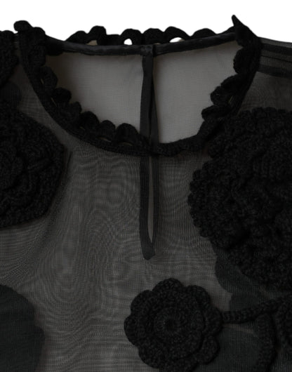 Dolce &amp; Gabbana Schwarze transparente Bluse aus Nylonnetz mit Blumenmuster