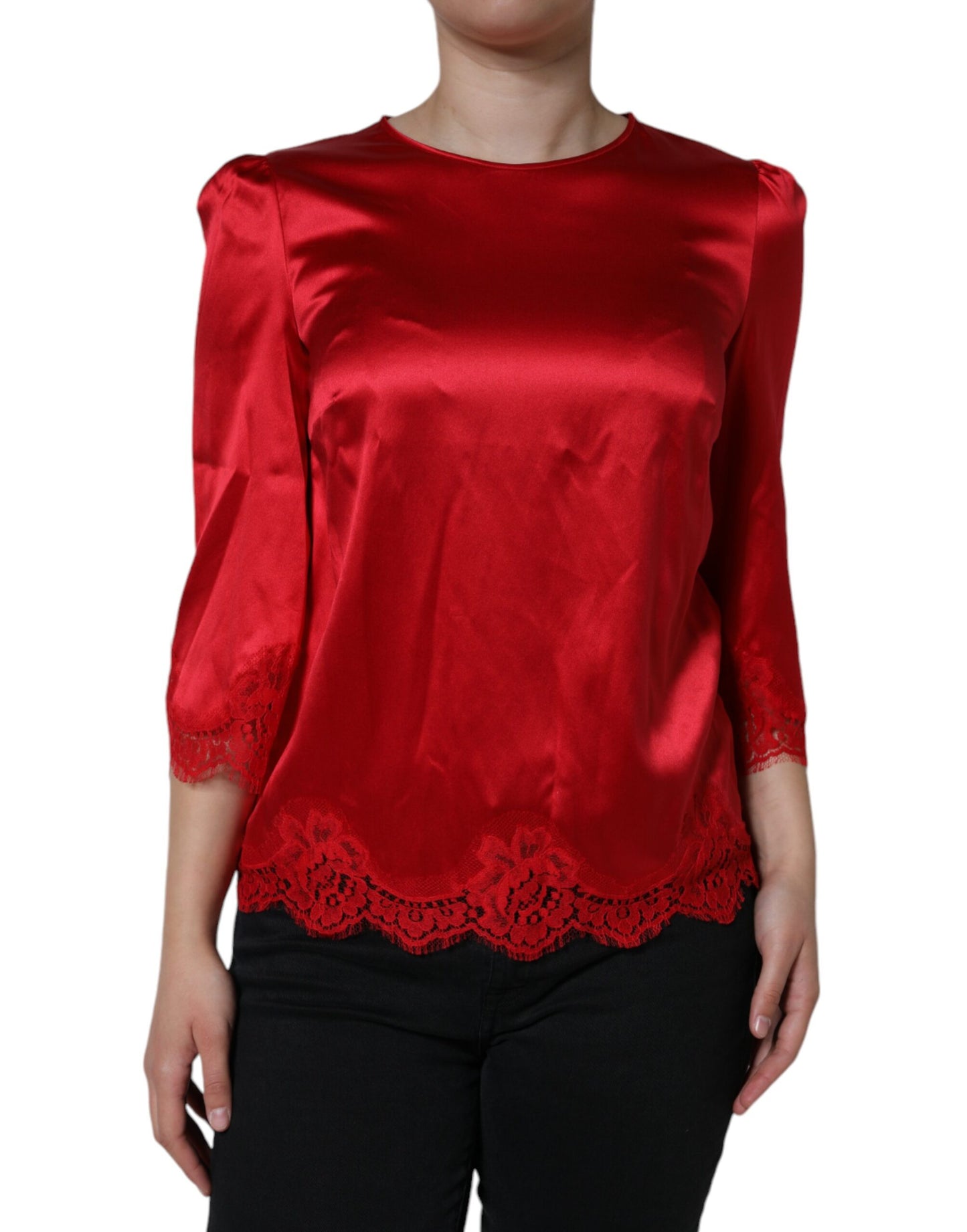 Dolce &amp; Gabbana, Bluse mit Rundhalsausschnitt, rotes Satin-Spitzenbesatz