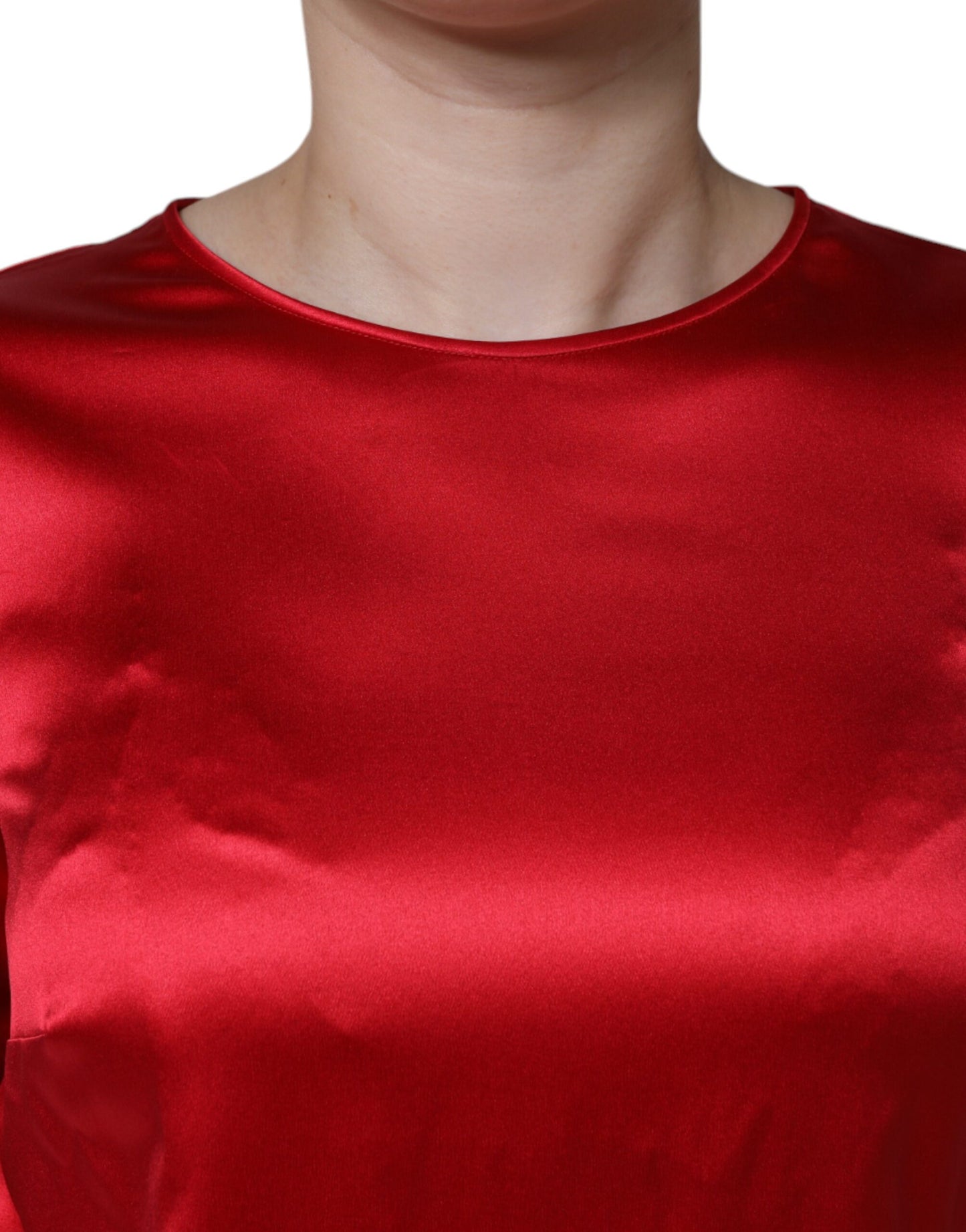 Dolce &amp; Gabbana, Bluse mit Rundhalsausschnitt, rotes Satin-Spitzenbesatz