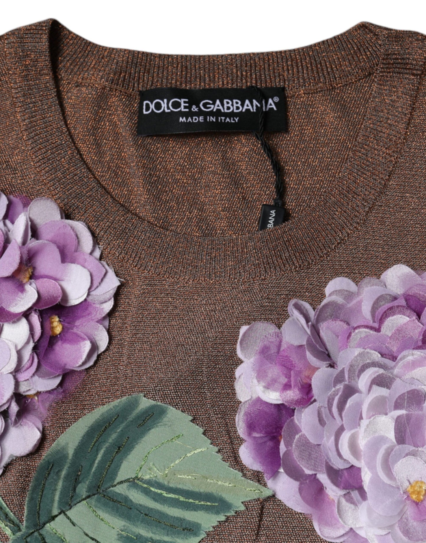 Dolce &amp; Gabbana – Kurzärmliges Oberteil aus Viskose mit Blumenapplikation in Braun