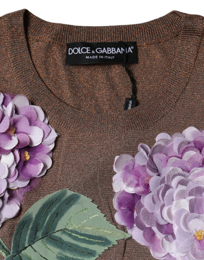 Dolce &amp; Gabbana – Kurzärmliges Oberteil aus Viskose mit Blumenapplikation in Braun