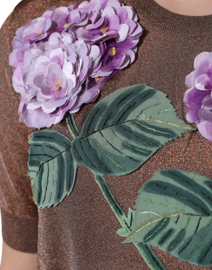 Dolce &amp; Gabbana – Kurzärmliges Oberteil aus Viskose mit Blumenapplikation in Braun