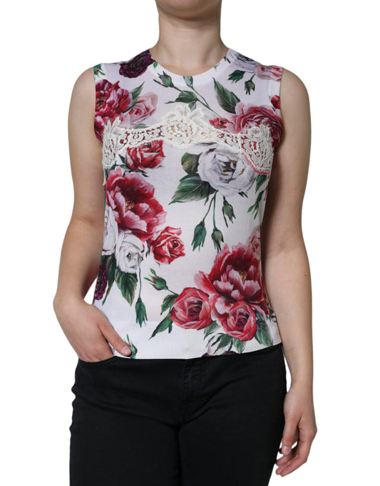 Dolce &amp; Gabbana Weißes ärmelloses Seiden-Tanktop mit Blumenspitze