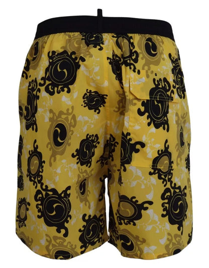 Dsquared² Gelb Schwarz Bedruckte Nylon Beachwear Shorts Bademode