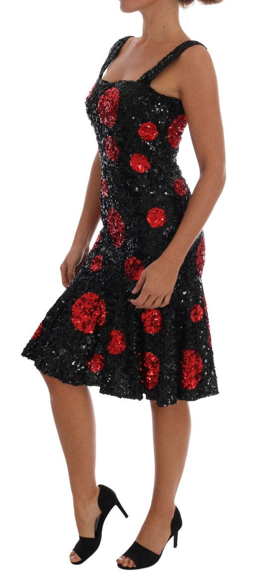 Dolce &amp; Gabbana – Etuikleid mit Pailletten und schwarzen und roten Punkten