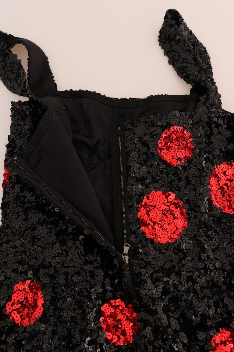 Dolce &amp; Gabbana – Etuikleid mit Pailletten und schwarzen und roten Punkten