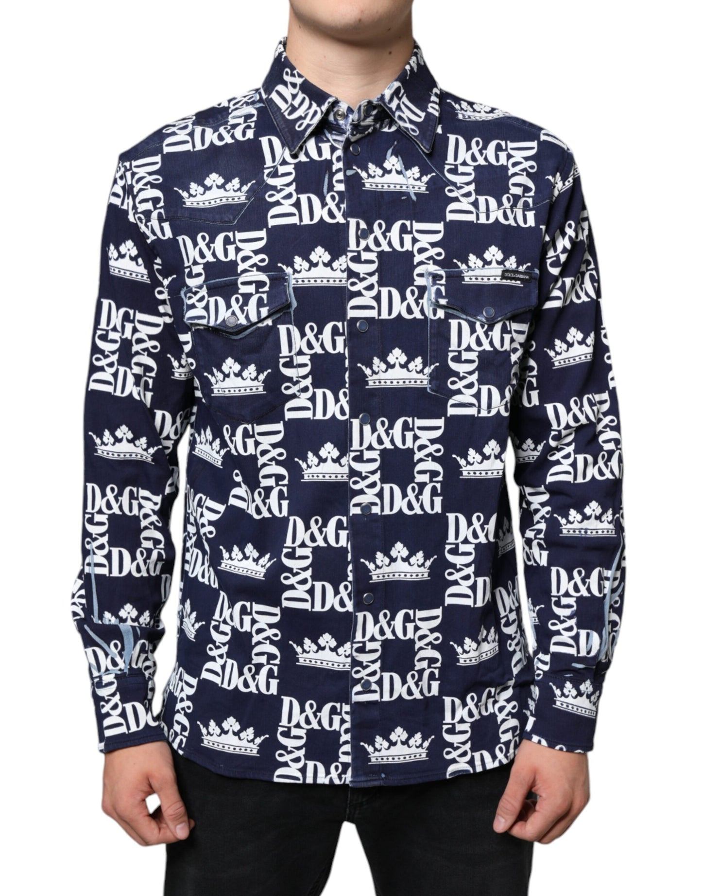 Dolce &amp; Gabbana – Slim Fit-Baumwollhemd mit blauem Kronen-Logo-Print