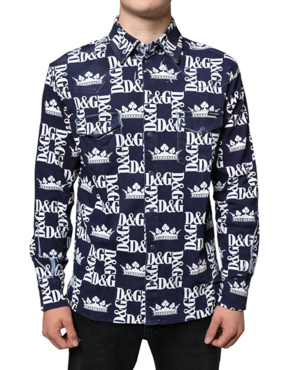 Dolce &amp; Gabbana – Slim Fit-Baumwollhemd mit blauem Kronen-Logo-Print