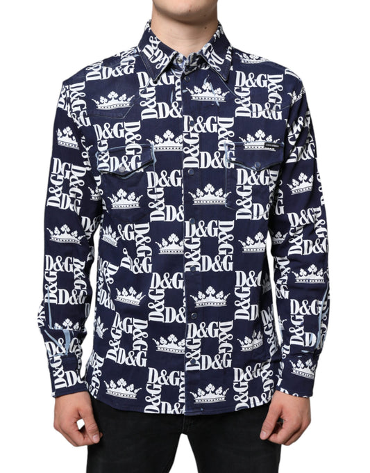Dolce &amp; Gabbana – Slim Fit-Baumwollhemd mit blauem Kronen-Logo-Print