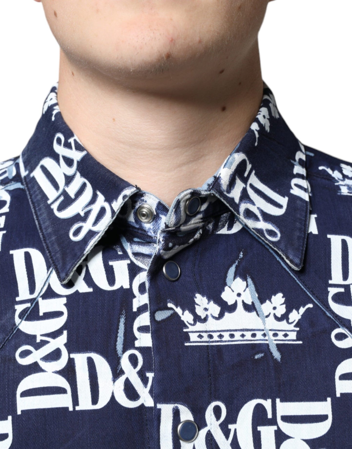 Dolce &amp; Gabbana – Slim Fit-Baumwollhemd mit blauem Kronen-Logo-Print