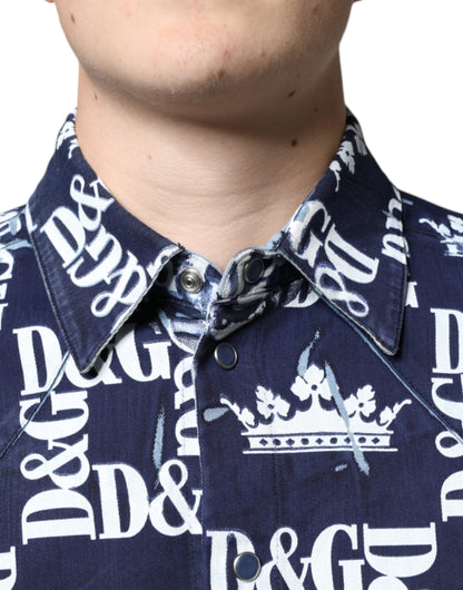 Dolce &amp; Gabbana – Slim Fit-Baumwollhemd mit blauem Kronen-Logo-Print