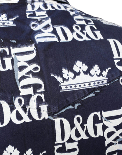 Dolce &amp; Gabbana – Slim Fit-Baumwollhemd mit blauem Kronen-Logo-Print