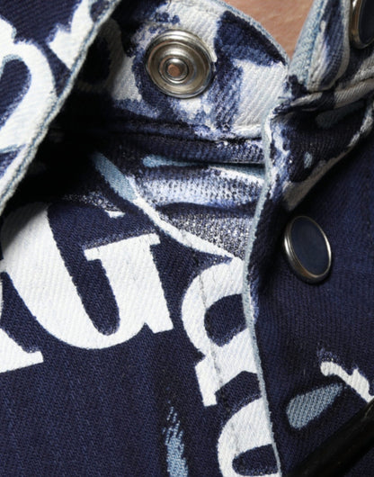 Dolce &amp; Gabbana – Slim Fit-Baumwollhemd mit blauem Kronen-Logo-Print