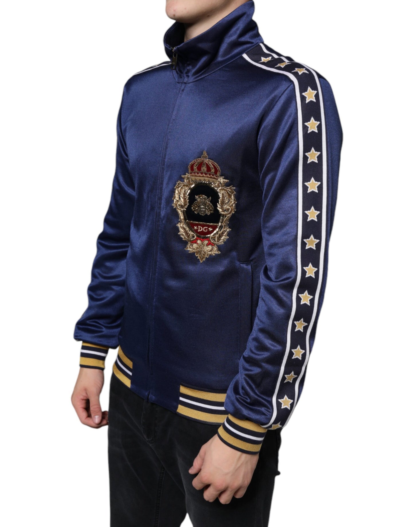 Dolce &amp; Gabbana Blauer Pullover mit heraldischem Patch und Streifen „King Bee“