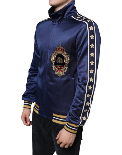 Dolce &amp; Gabbana Blauer Pullover mit heraldischem Patch und Streifen „King Bee“