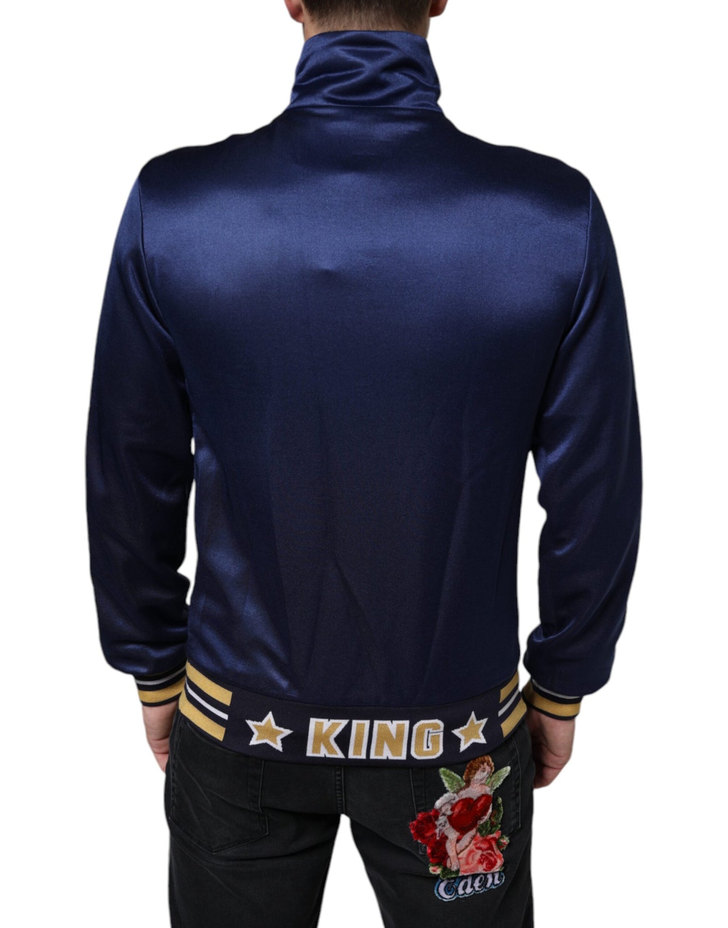 Dolce &amp; Gabbana Blauer Pullover mit heraldischem Patch und Streifen „King Bee“