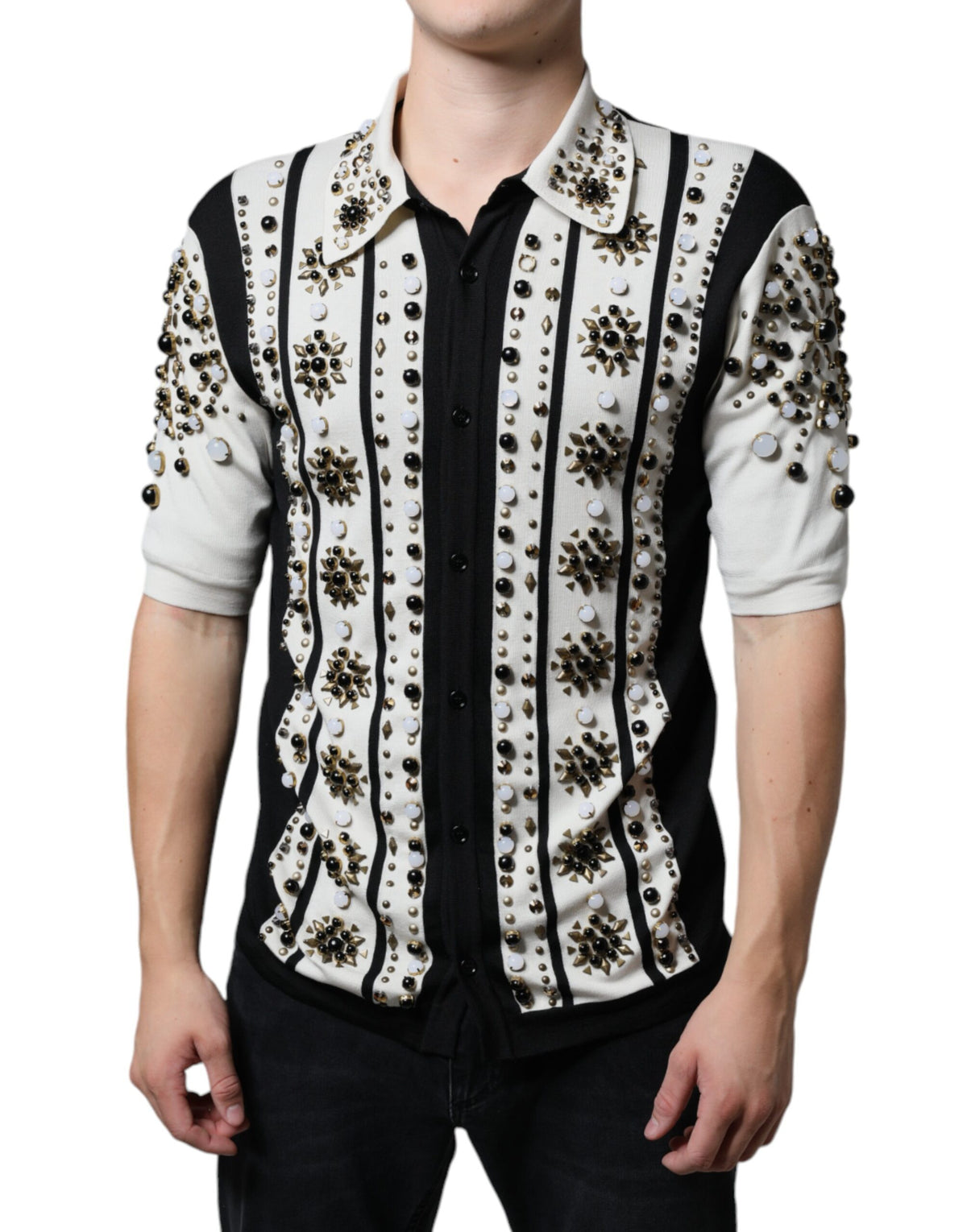 Dolce &amp; Gabbana – Weißes, schwarzes Seidenhemd mit Stein- und Kristallbesatz