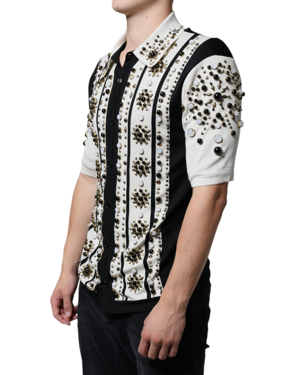 Dolce &amp; Gabbana – Weißes, schwarzes Seidenhemd mit Stein- und Kristallbesatz