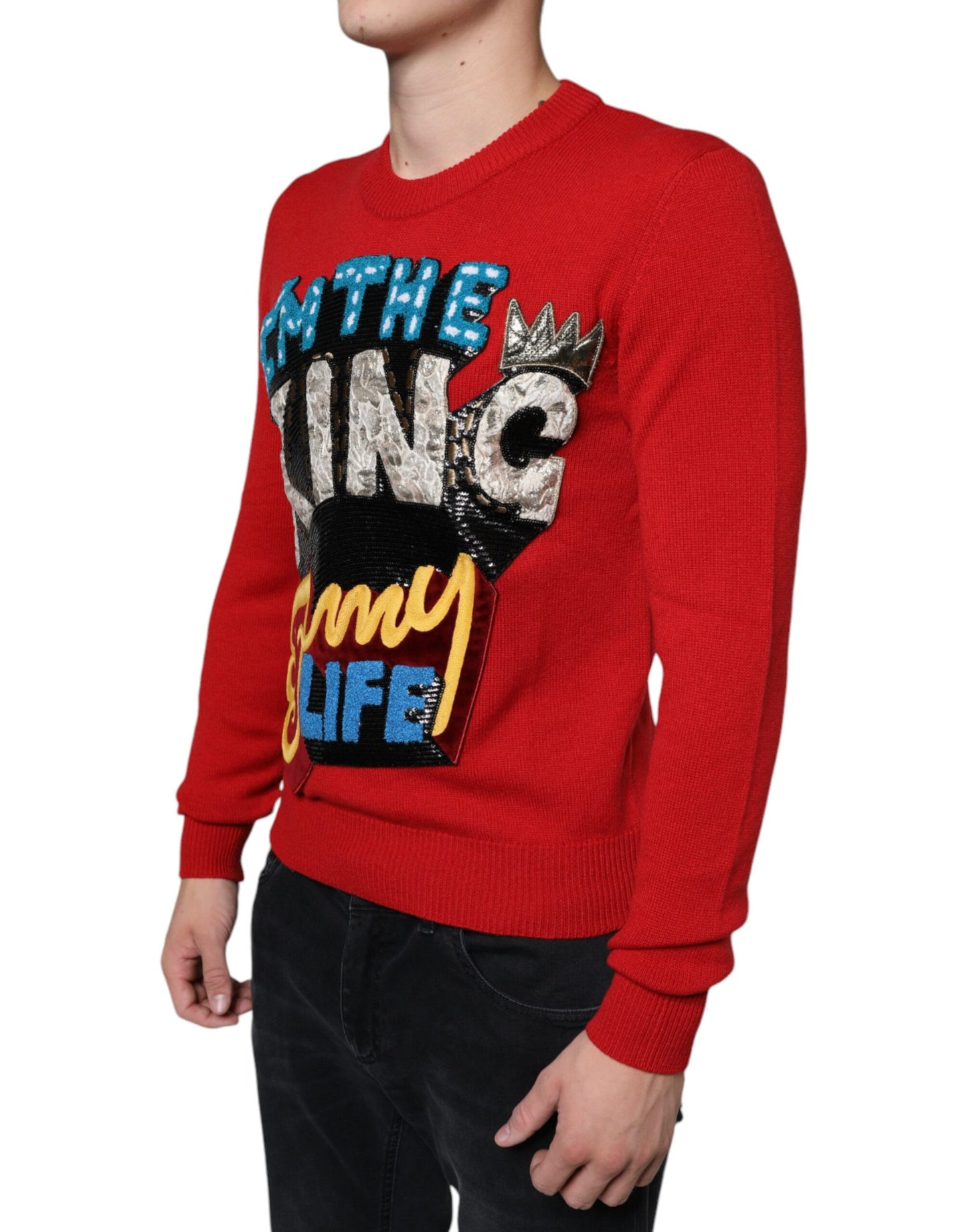 Dolce &amp; Gabbana Roter „I’m The King“-Sweatshirtpullover aus Wolle mit Rundhalsausschnitt
