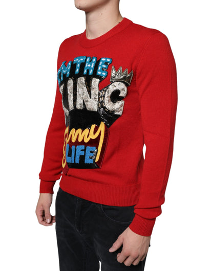 Dolce &amp; Gabbana Roter „I’m The King“-Sweatshirtpullover aus Wolle mit Rundhalsausschnitt