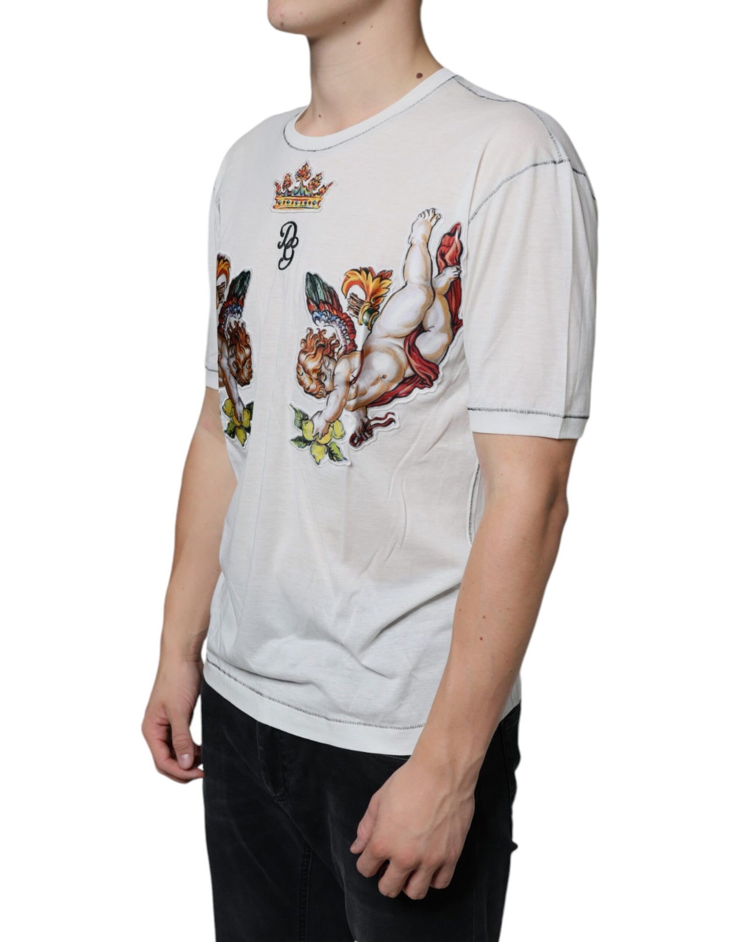Dolce &amp; Gabbana – Weißes T-Shirt mit Rundhalsausschnitt und Engelskronen-Print