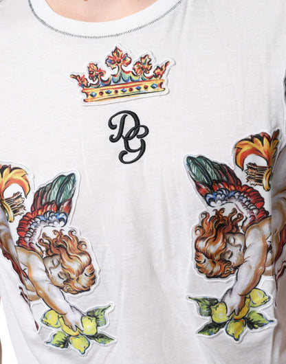 Dolce &amp; Gabbana – Weißes T-Shirt mit Rundhalsausschnitt und Engelskronen-Print