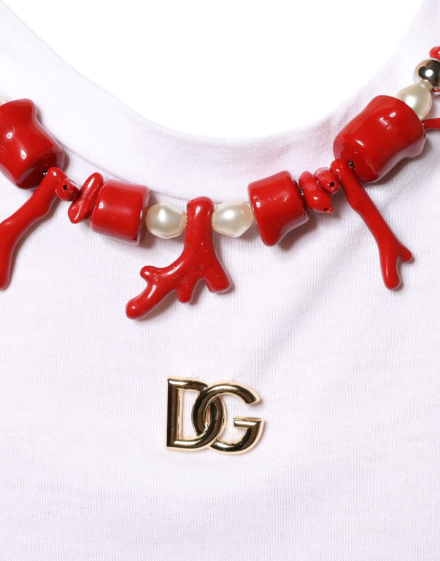 Dolce &amp; Gabbana – Weißes Baumwoll-T-Shirt mit Halskettenverzierung
