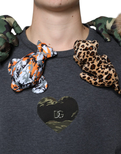 Dolce &amp; Gabbana Graues Camouflage-T-Shirt aus Baumwolle mit Tiermotiv
