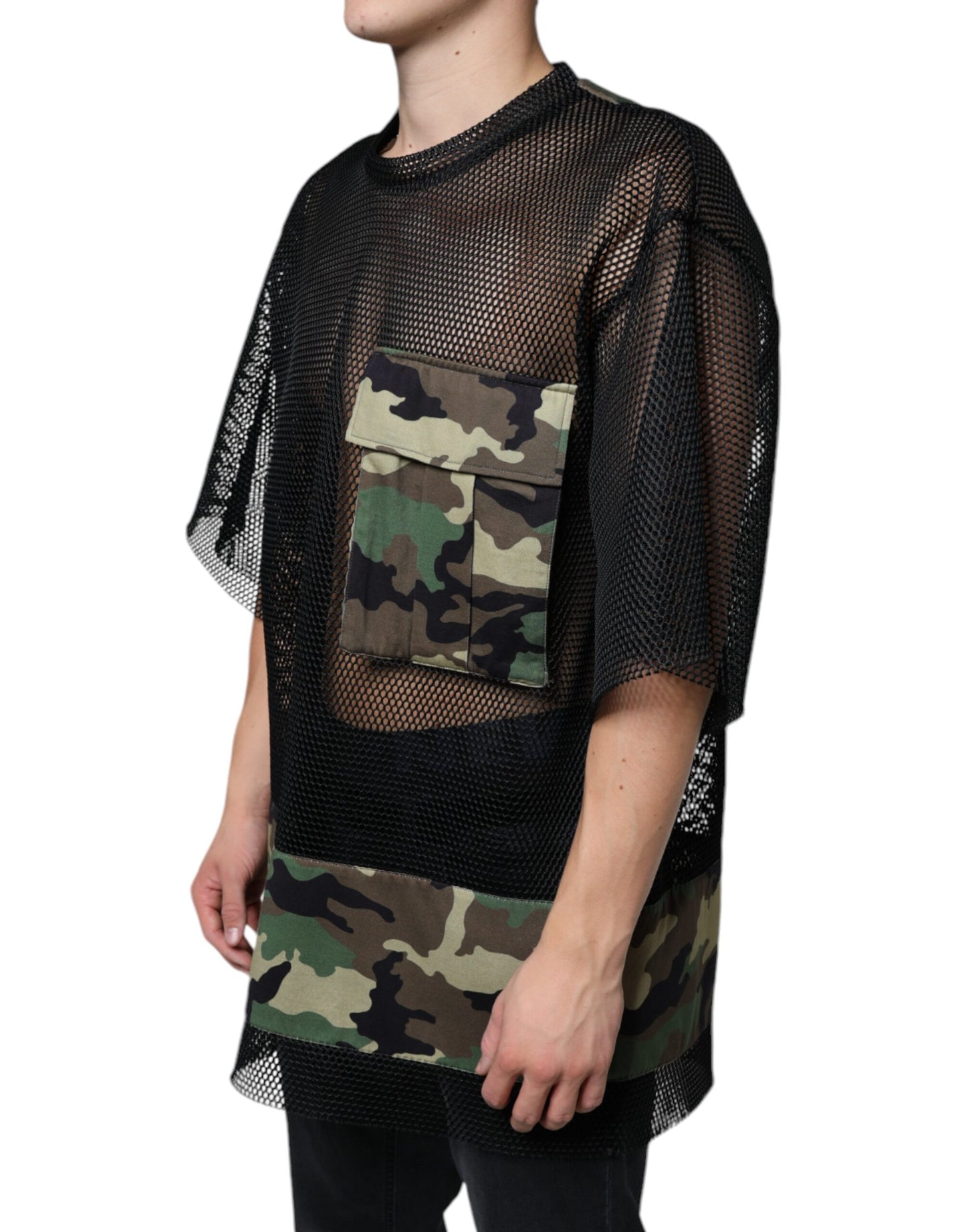 Dolce &amp; Gabbana – Schwarzes T-Shirt mit Camouflage-Muster und kurzen Ärmeln aus Mesh