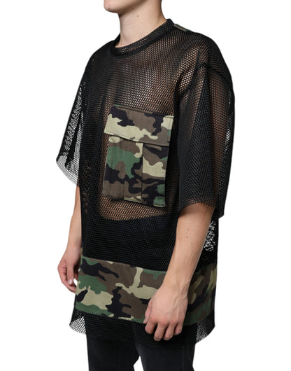 Dolce &amp; Gabbana – Schwarzes T-Shirt mit Camouflage-Muster und kurzen Ärmeln aus Mesh