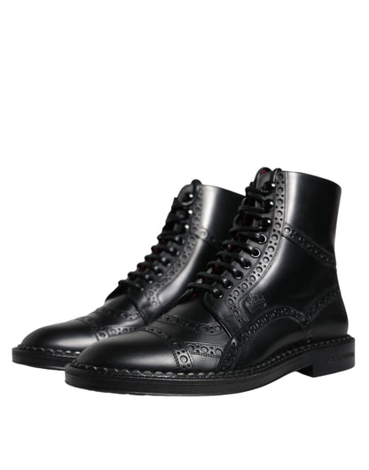 Dolce &amp; Gabbana – Schwarze, wadenhohe Schnürstiefel aus Leder