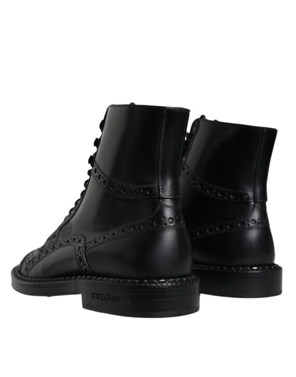 Dolce &amp; Gabbana – Schwarze, wadenhohe Schnürstiefel aus Leder