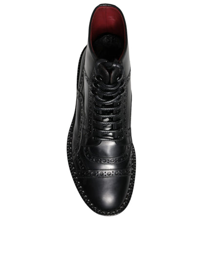 Dolce &amp; Gabbana – Schwarze, wadenhohe Schnürstiefel aus Leder
